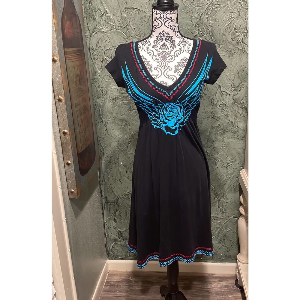 ROCK & ROLL COWGIRL S Blue Teal Black Empire Stretch Waist Dress Texas size med